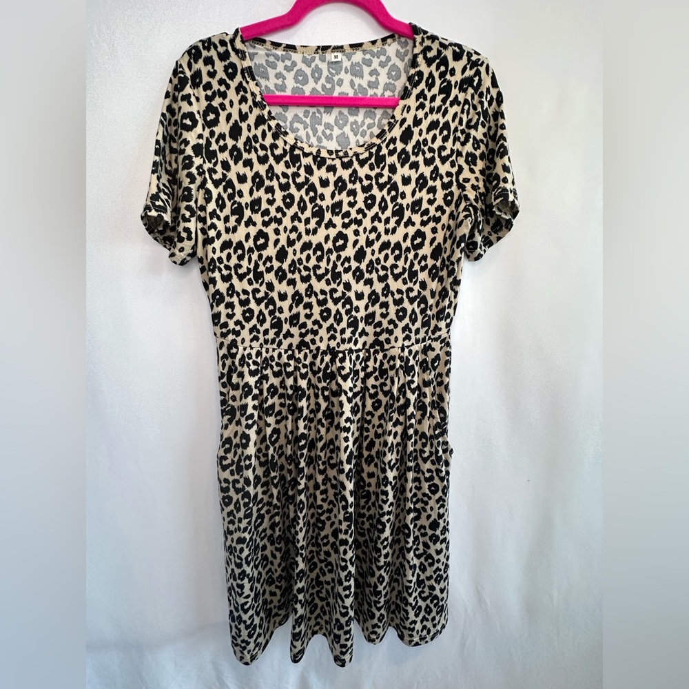 Beige and Black Leopard Print Skater Dress with Pockets- Size Medium